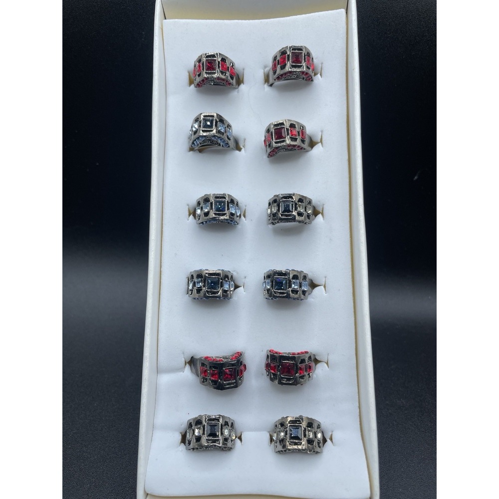 Vintage Rhinestone Ring Lot of 12 Silver Tone Adjustable Red Blue Black
